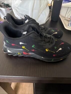 Black Sneakers with Multicolor Paint-Splatter Design